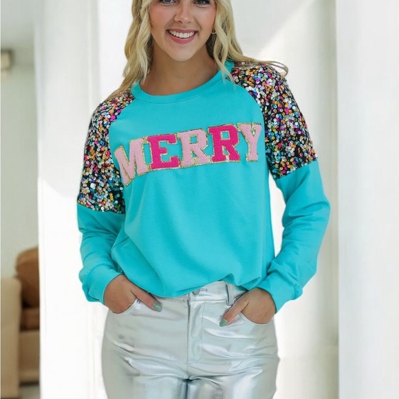 Merry Sequin Sleeve Turquoise Sweatshirt - Picture 1 of 1
